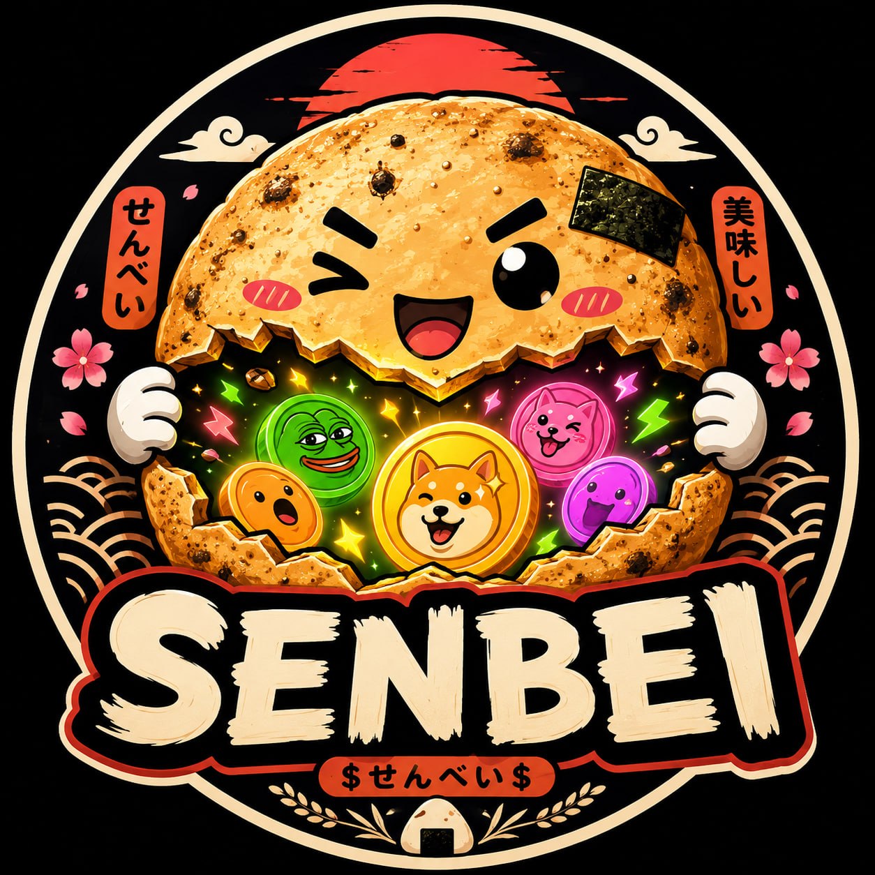 SENBEI rice cracker mascot revealing meme coins
